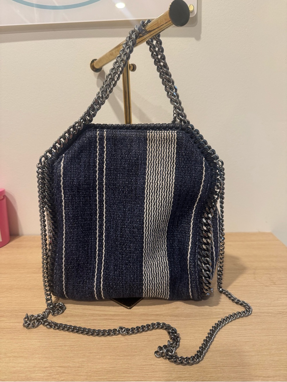 Stella McCartney Stitched Stripe Denim Chain Tote - Navy